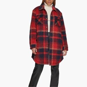 Levi's Women's Red Navy Plaid Faux Shearling Lined Long Shirt Jacket Size M
